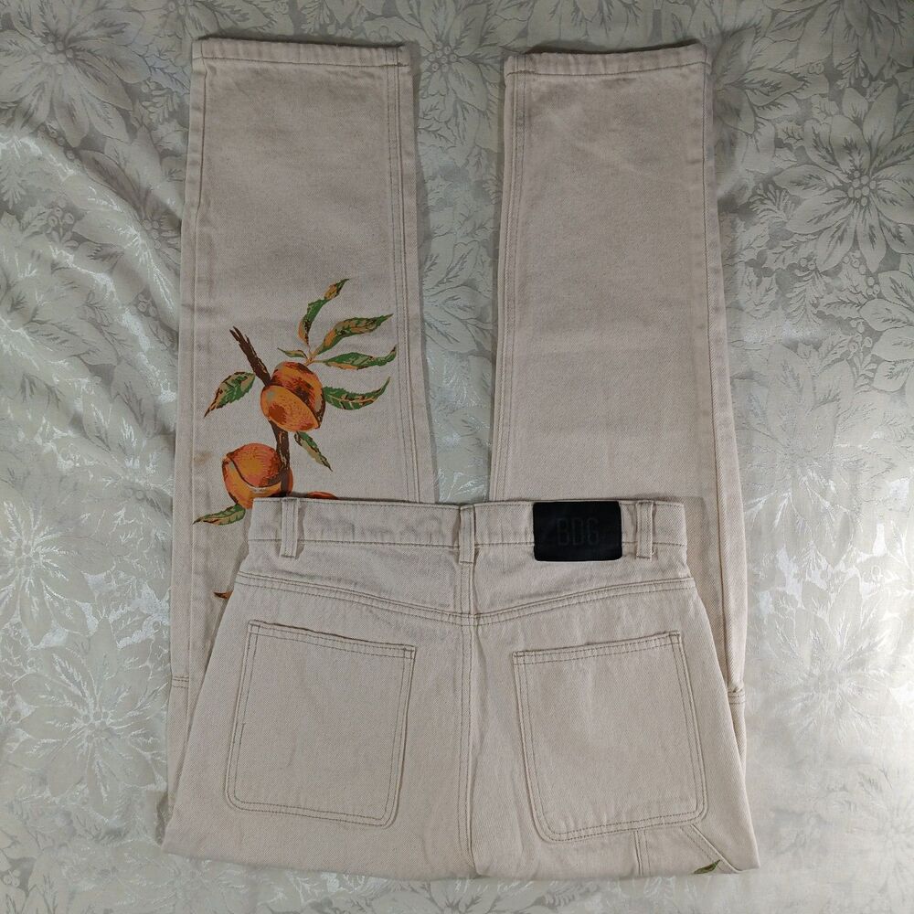 100% Cotton BDG Jeans 29/32 Cream Peach Fruit Print Utility Straight Leg Unisex